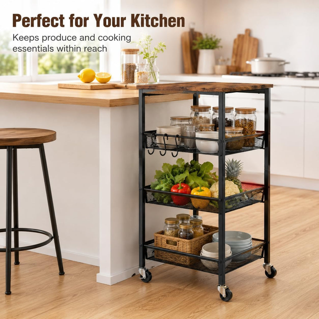 Homleke 4-Tier Rolling Kitchen Storage Cart, Utility Cart with Wooden Tabletop & Metal Baskets, Fruit Vegetable Basket for Kitchen, 3-S Hooks, Rustic Brown and Black
