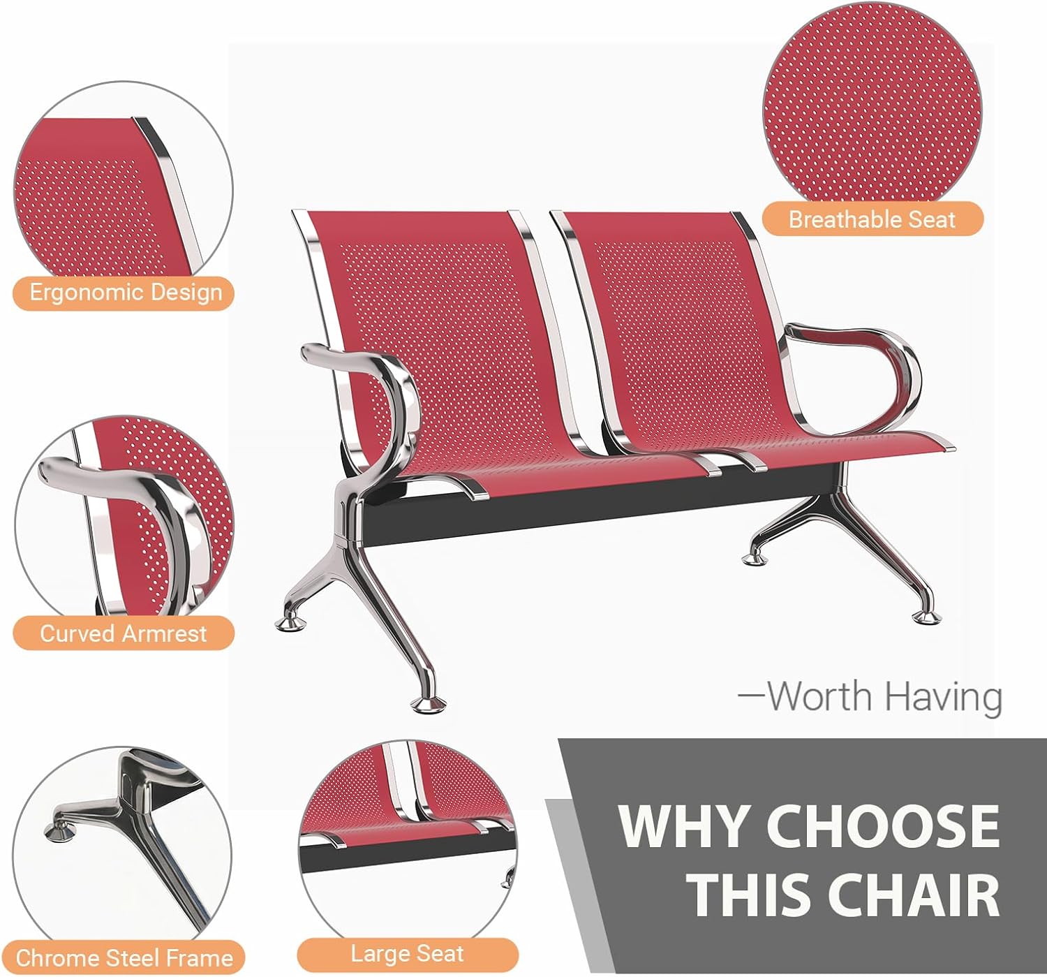 Kinfant 2-Seat Waiting Room Chair - Office Guest Reception Chairs with Ergonomic Backrests, Airport Waiting Bench with Armrests, Metal Waiting Furniture for Hospital, Bank, Salon, Dark Red