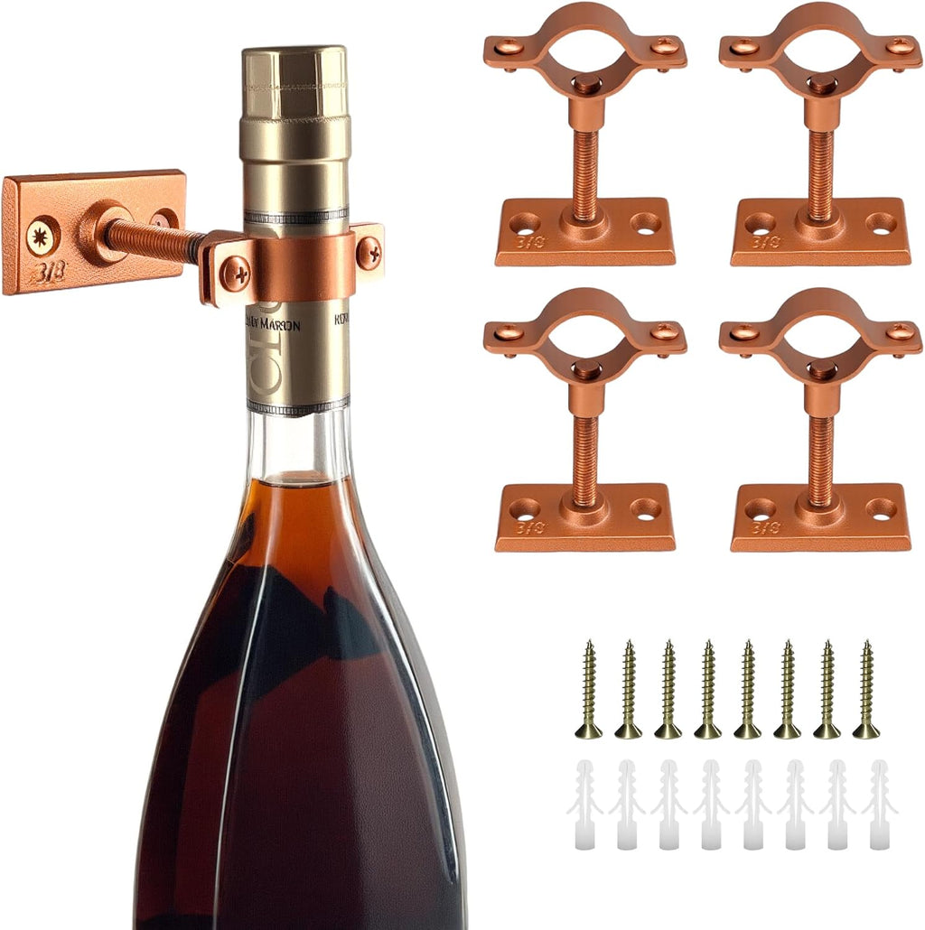 Lily's Home Bar Wall Mount Single Wine Bottle Display Holder, Set of 4, Industrial Design with Mounting Hardware, Works with Wine or Liquor Bottles, Copper Finish (4-1/2” x 1-3/8” x 2-3/4”)