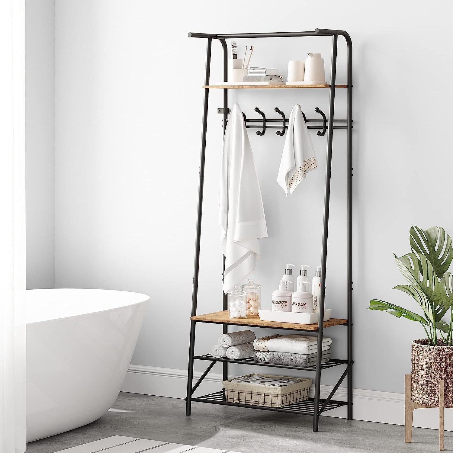 Coat Rack Shoe Bench with 5 Hooks, Entryway Hall Trees with Storage, Multifunctional Hallway Organizer, Wood Look Accent Furniture with Metal Frame, 4-in-1 Hall Trees Shoe Bench (1 Row-5 Hooks)