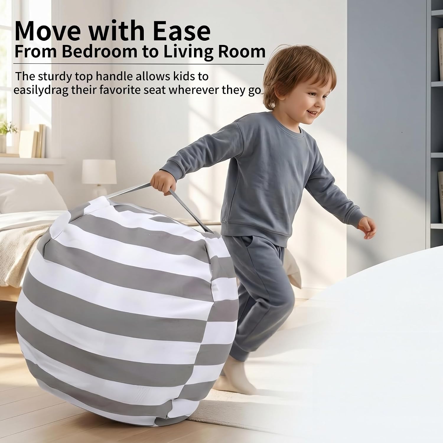 Amzlink® Stuffed Animal Storage Bean Bag Chair Cover for Kids - Stuffable Zipper Beanbag for Organizing Children Plush Toys, Heavy Duty Large Cotton Canvas, Grey, Ideal for Bedroom Playroom Classroom