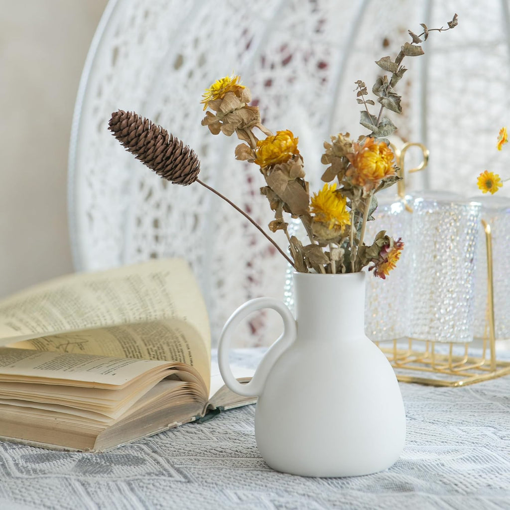 Tanvecle White Ceramic Vase Set - 2 Small Vases with Handle, Pottery Vases for Modern Home Decor, Minimalist Matte Pitcher for Fowers, Decorative Clay Vase Centerpiece Dining Table Decorations