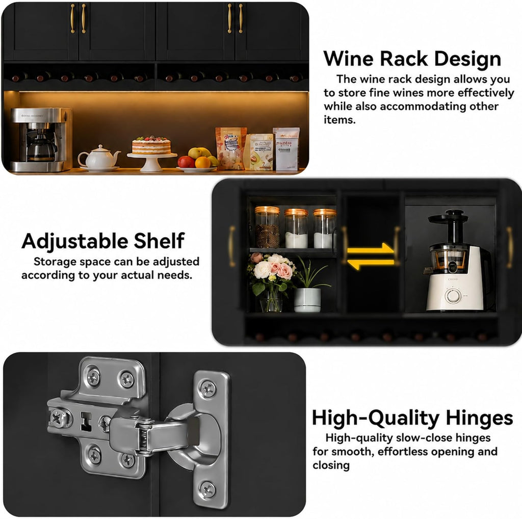 Black 72" Tall Kitchen Pantry Cabinet with Charging Station 55" Wide Hutch Cabinet with LED Light and Countertop Large Kitchen Cabinet with Adjustable Shelves and Wine Rack