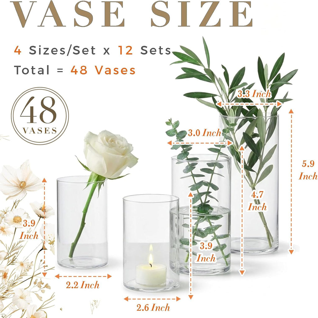 48pcs Glass Cylinder Vases 4,5,6 Inch for Centerpieces,Small Clear Flower Vases for Wedding Decorations and Indoor Home Decor, Hurricane Candle Holder for Table Shelf, Party