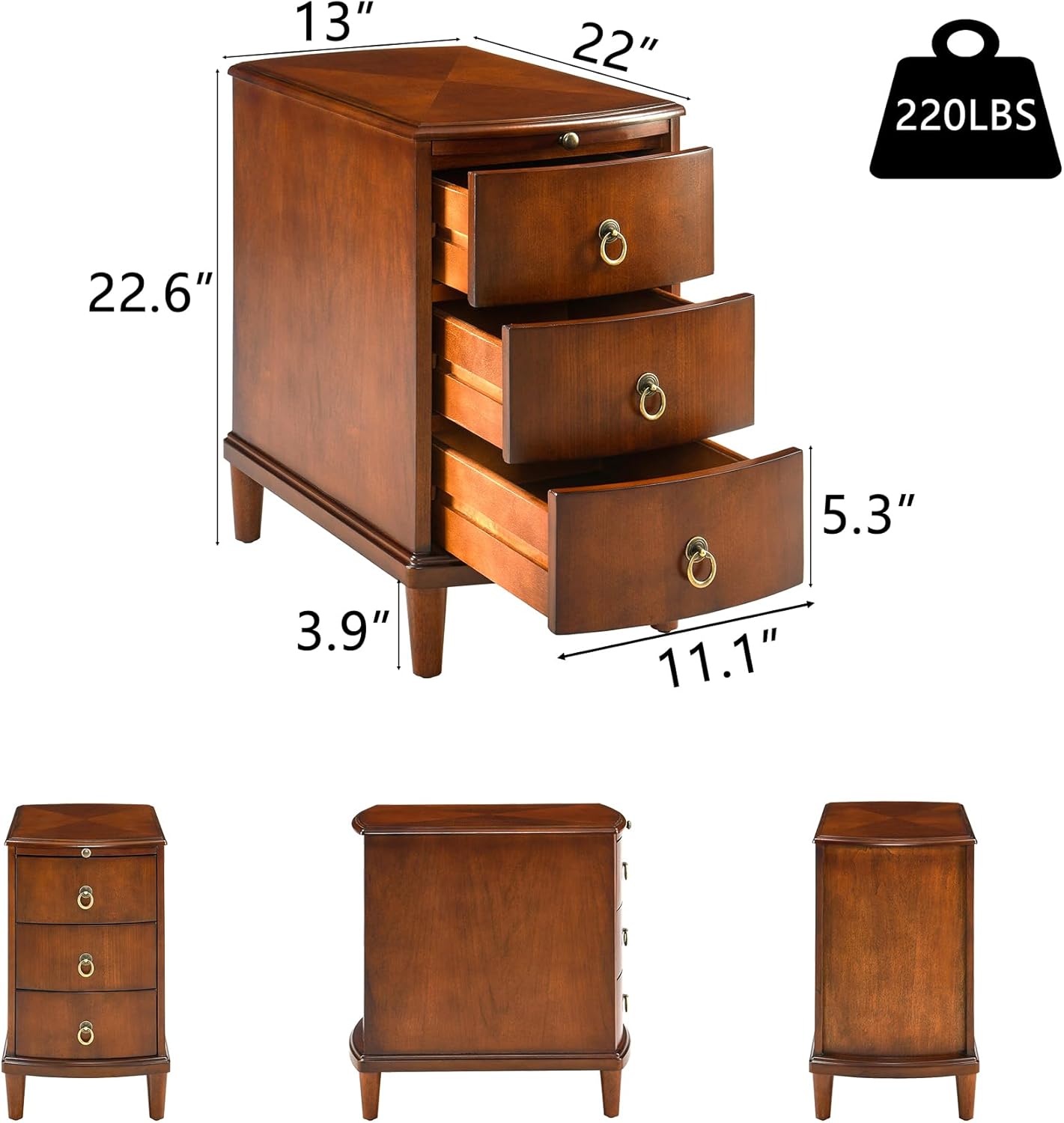 Vintage End Side Table with Slide-Out Tray and 3 Storage Drawers, Sofa Side Table for Small Space, Beside Table for Living Room, 13”W x 22”L x 22.6”H,No-Tools Assembly, Beeswax BG-A1569-MG