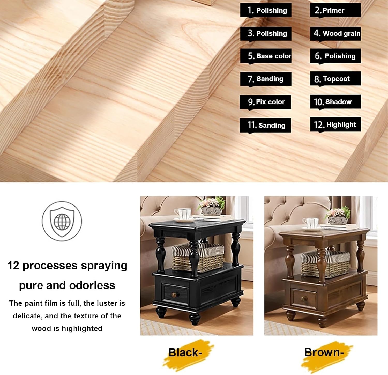 Narrow End Table with Drawer and Storage Shelf Solid Wood Slim Rectangular Sofa Side Table Nightstand for Living Room Interior ﻿ Multi Scenario Use(Black)