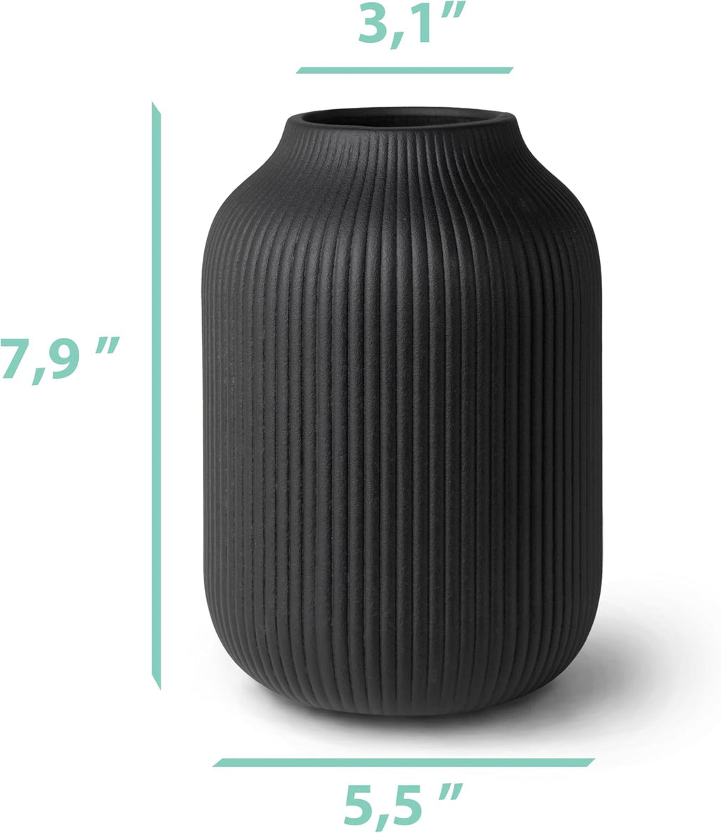 flature Ceramic Vase with Grooves - Waterproof Flower Vase in Matte Black for Fresh Flowers, Dried Flowers, Pampas Grass, Large 7.9" Tall Vase as a Gift, Decoration for Living Room, Bedroom, Office.