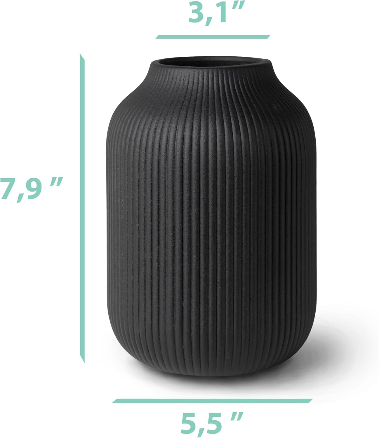 flature Ceramic Vase with Grooves - Waterproof Flower Vase in Matte Black for Fresh Flowers, Dried Flowers, Pampas Grass, Large 7.9" Tall Vase as a Gift, Decoration for Living Room, Bedroom, Office.