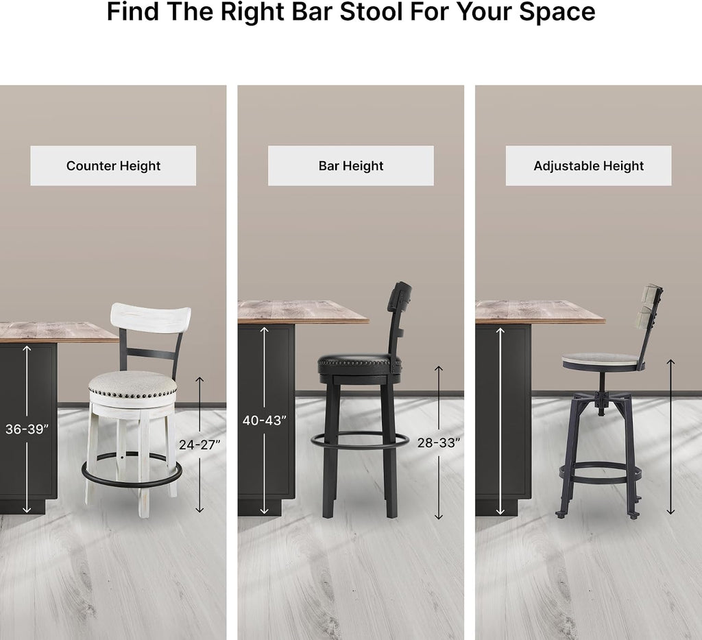 Signature Design by Ashley Valebeck Barstool, Rustic-Industrial Counter Height Chair, 360° Swivel, Wood & Metal Frame, Cushioned Seat, Ideal for Kitchen Island with Seating, Vintage White