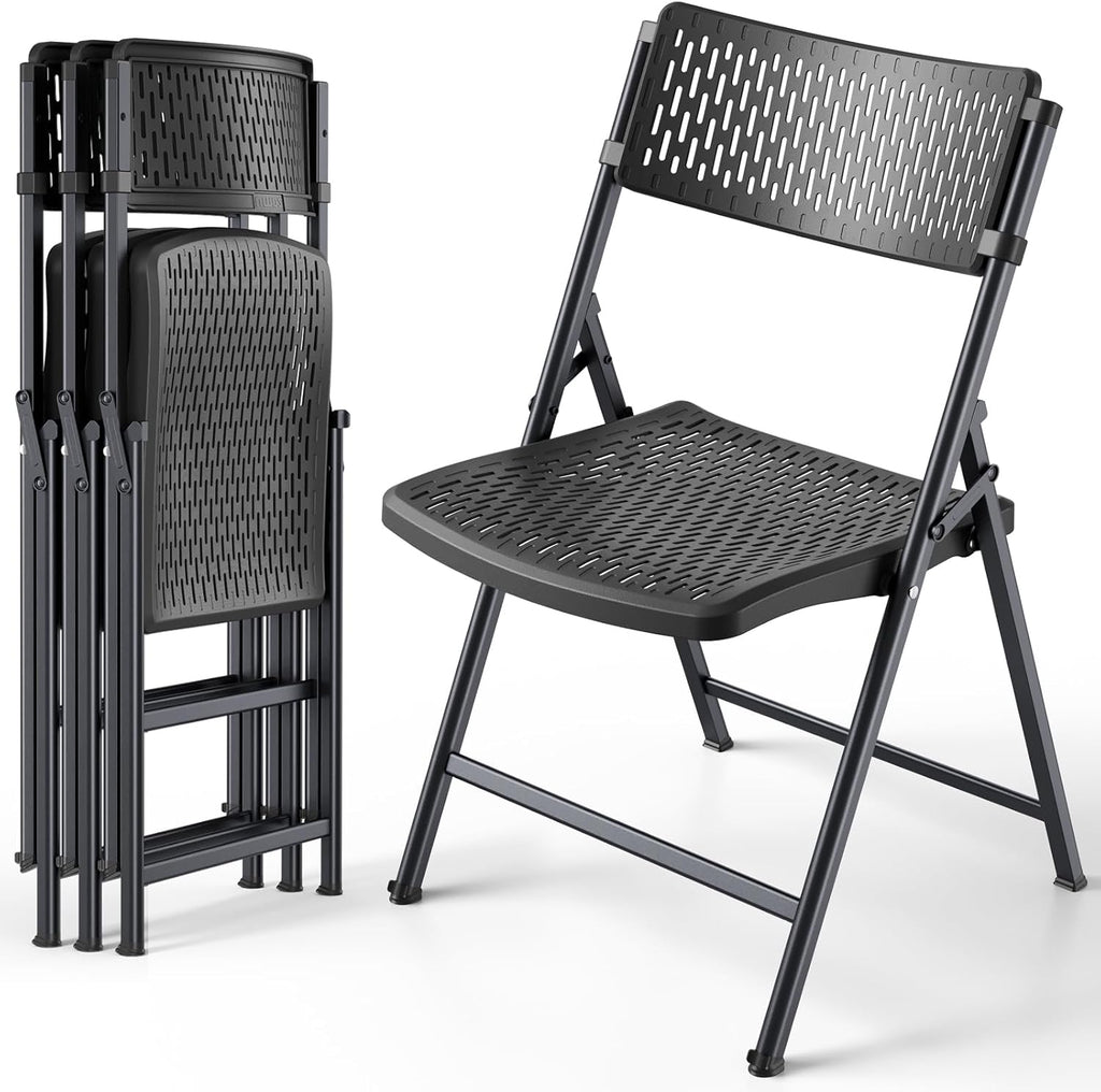 Folding Chair 4 Pack, Foldable Portable Chair with Breathable Molded Plastic Mesh Back & Seat, Sturdy Metal Frame Support up to 400lbs, Indoor Outdoor Foldable Chair for Party,Dinnig,Events,Black
