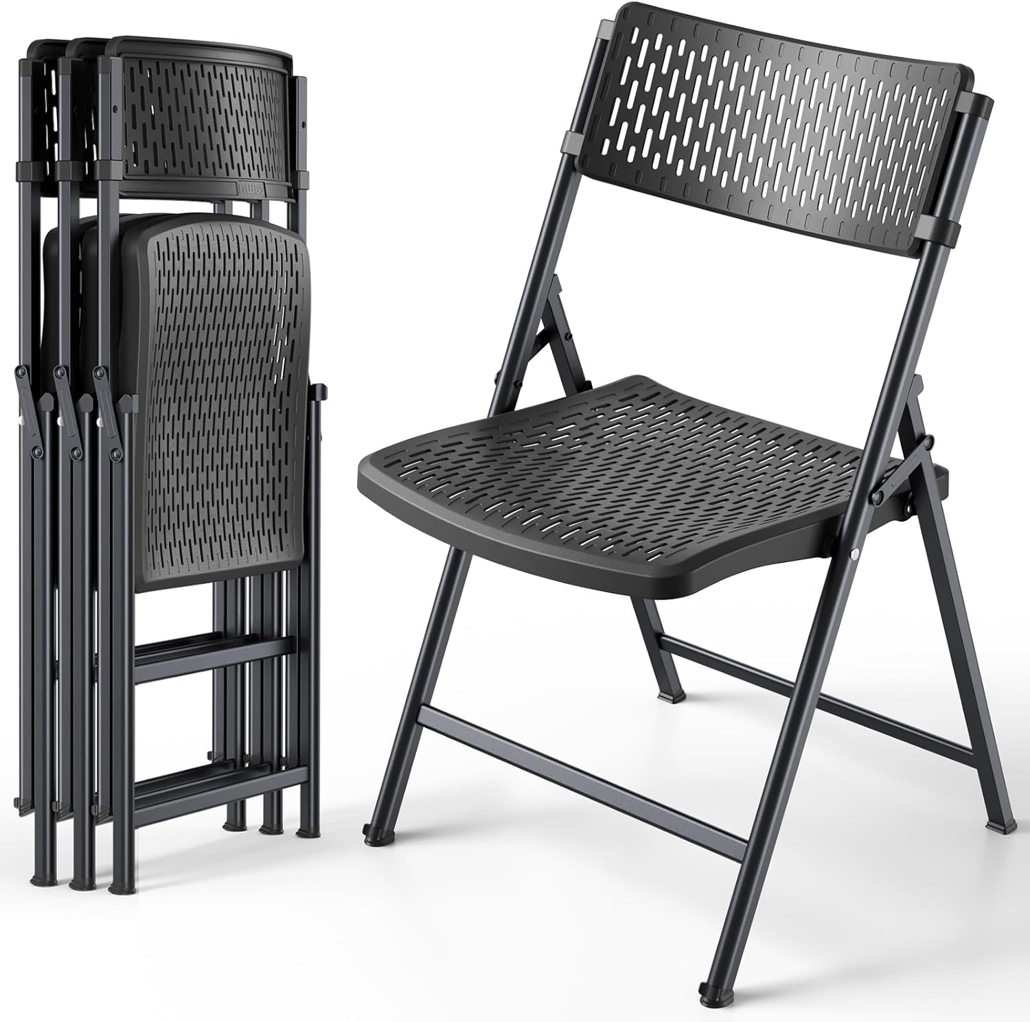 Folding Chair 4 Pack, Foldable Portable Chair with Breathable Molded Plastic Mesh Back & Seat, Sturdy Metal Frame Support up to 400lbs, Indoor Outdoor Foldable Chair for Party,Dinnig,Events,Black
