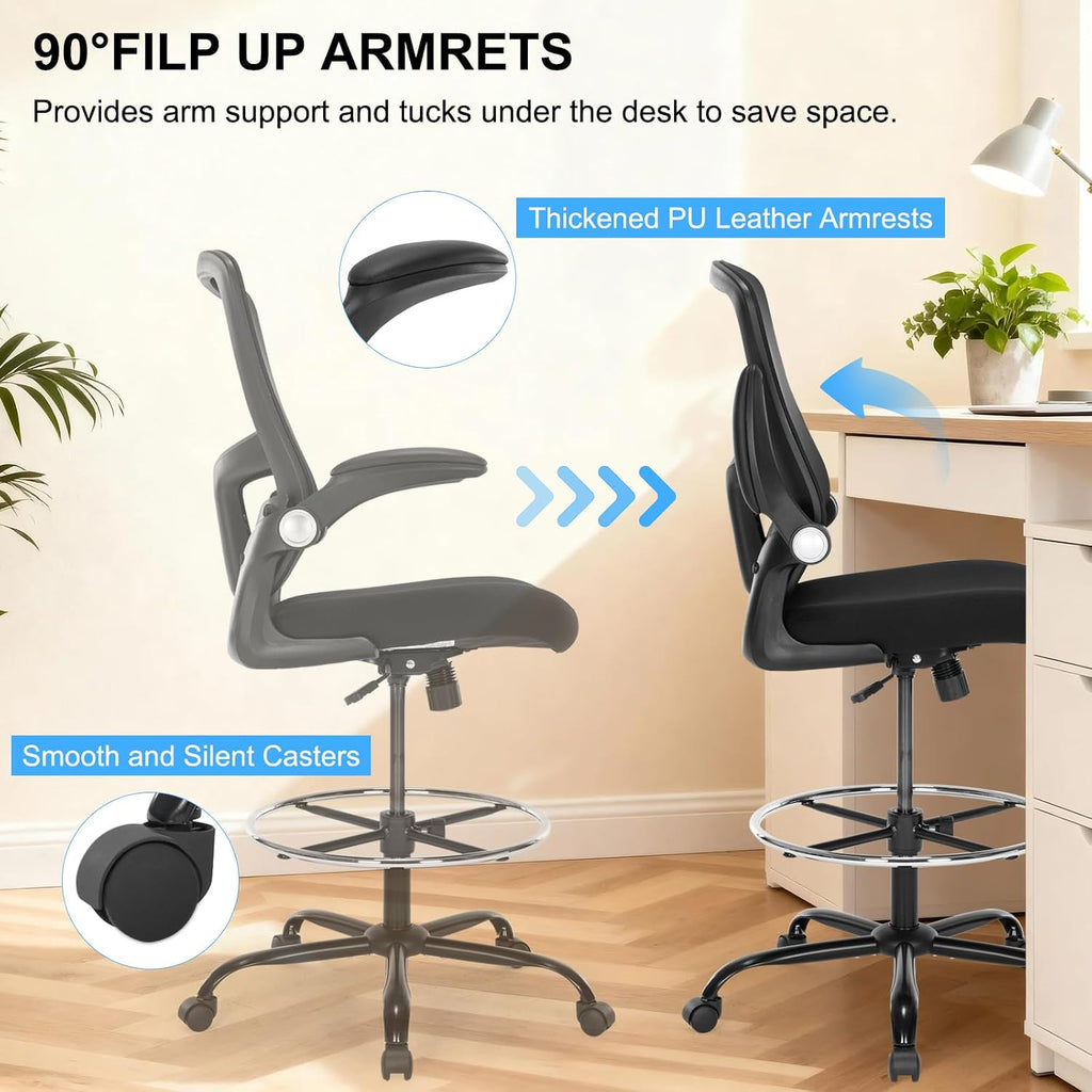 Drafting Chair, Ergonomic Tall Office Chair with Lumbar Support Standing Desk Stool with Flip-up Armrests Comfy High Office Desk Chair with Adjustable Foot Ring for Counter Height Desk, Black