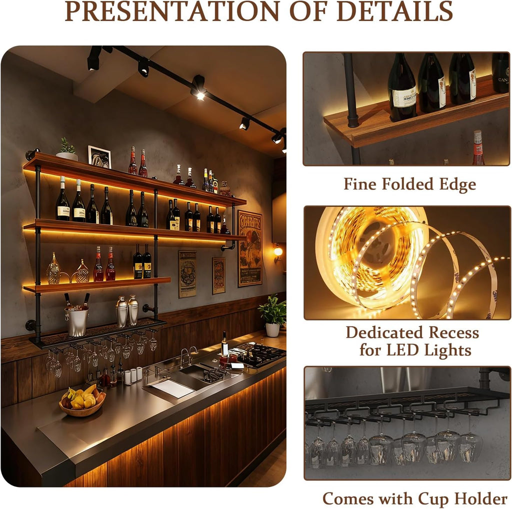 70.9in Large Wine Rack with LED Light, 4 Tiers Solid Wood Wall Mounted Wine Rack, Industrial Liquor Bottles Floating Shelves with Glass Holder for Home Bar/Dining Room (70.9in/180cm)
