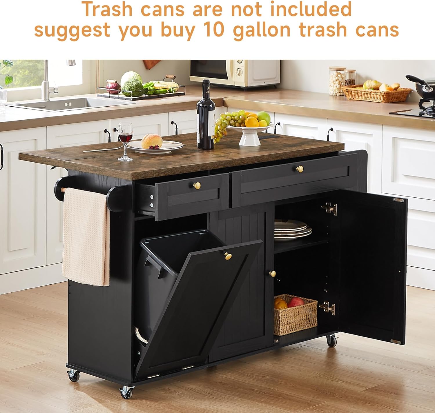 ONBRILL 60" Kitchen Island with Power Outlet & Drop Leaf, Rolling Island with Spice Rack & Towel Rack, Kitchen Island Cart with Trash Storage Cabinet, Island Table for Kitchen, Black+Rustic Brown