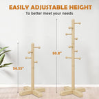 8-Hook Freestanding Wooden Coat Rack 2 Adjustable Heights Nature | Suitable for Bedroom Hallway Entrance Office,Holds Hats Handbags Purses Neatly,Space-Efficient Vertical Stand