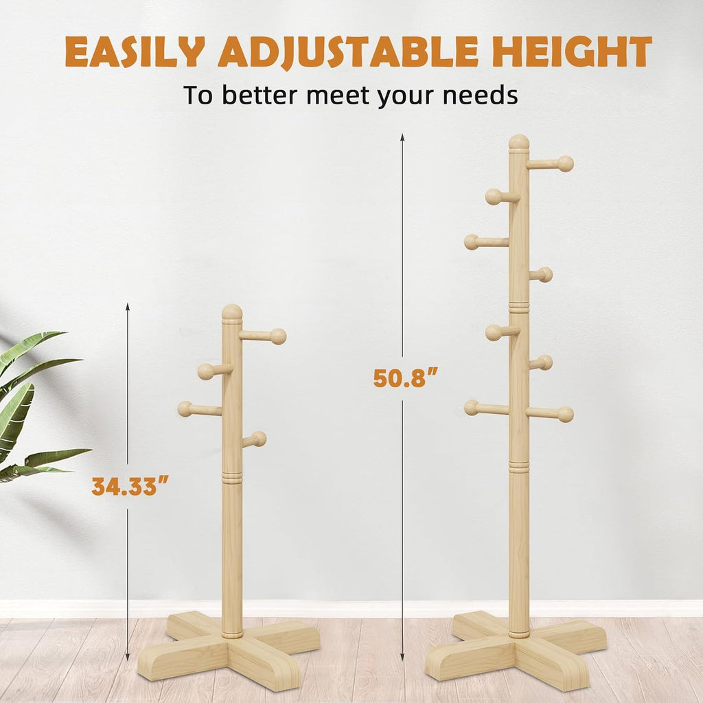 8-Hook Freestanding Wooden Coat Rack 2 Adjustable Heights Nature | Suitable for Bedroom Hallway Entrance Office,Holds Hats Handbags Purses Neatly,Space-Efficient Vertical Stand