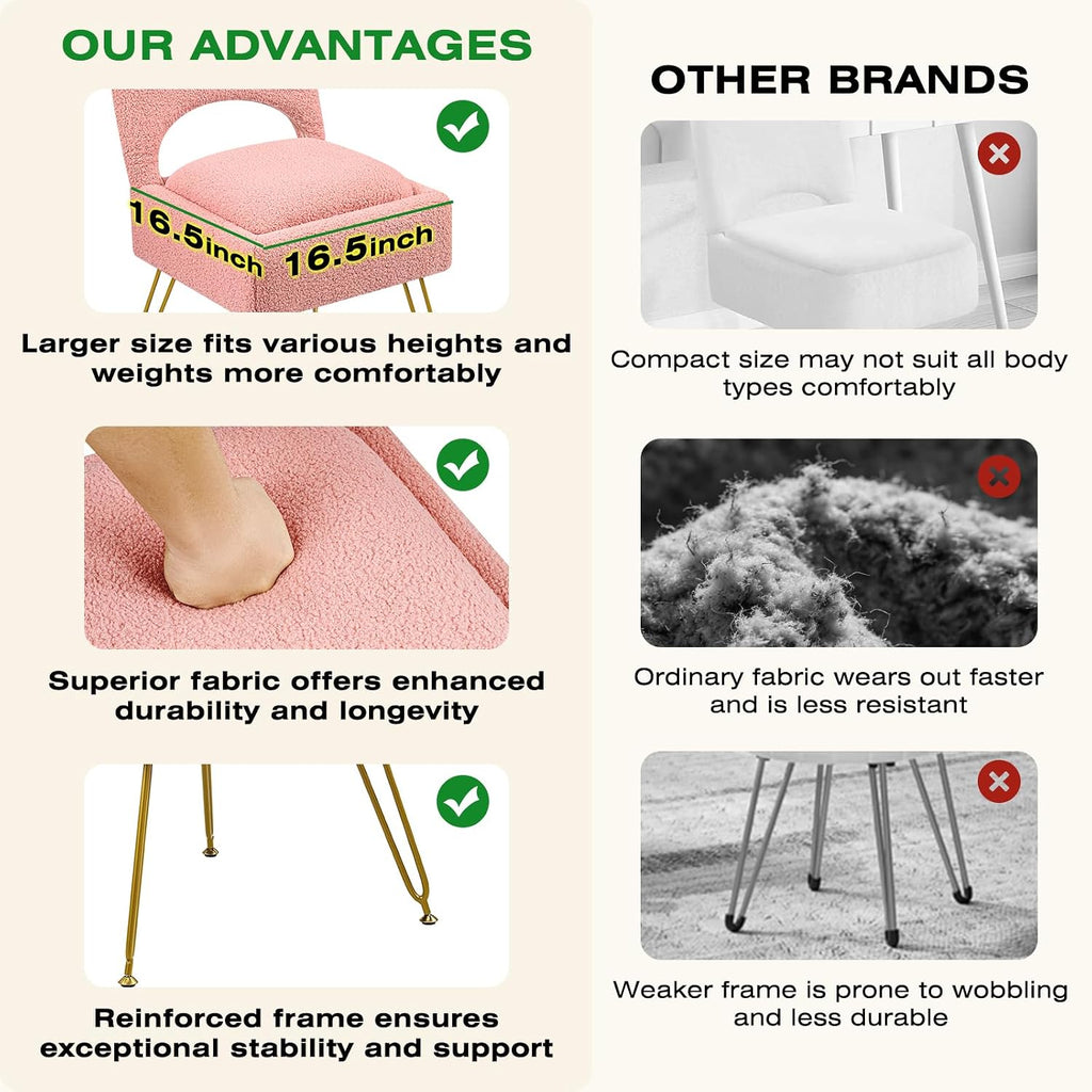 Vanity Chair with Storage & Folding Backrest, Cute Pink Faux Fur Vanity Stool, Comfy Padded Make Chair for Makeup Bedroom, Adjustable Back & Plush Cushion Seat,16.6" Wide 11L Storage Space