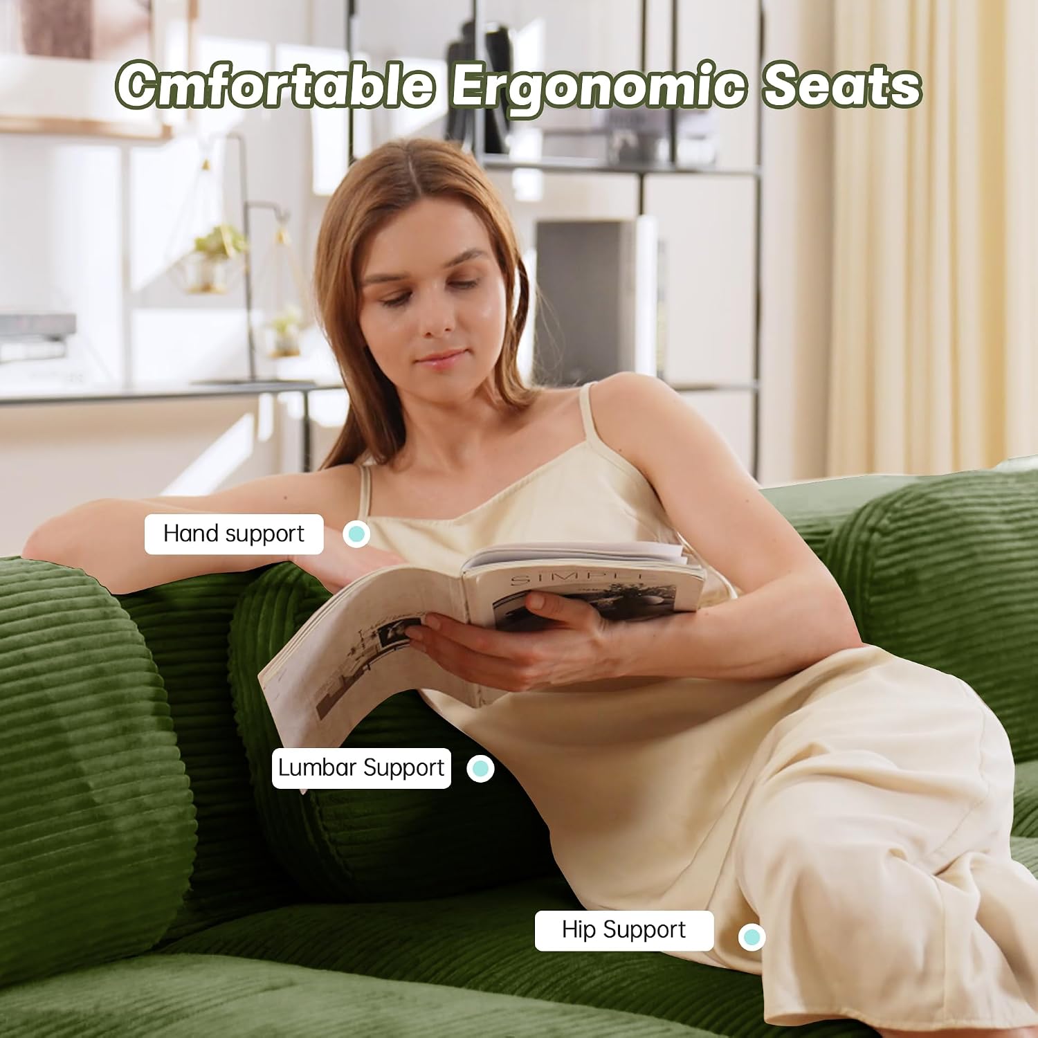 SoarFlash 81” Sectional Cloud Boneless Sofa Couches for Living Room-2 Seater L-Shaped Modern Lounge Couch-No Assembly Modular Corduroy Convertible Sponge Sleeper Sofas with Chaise for Home House,Green