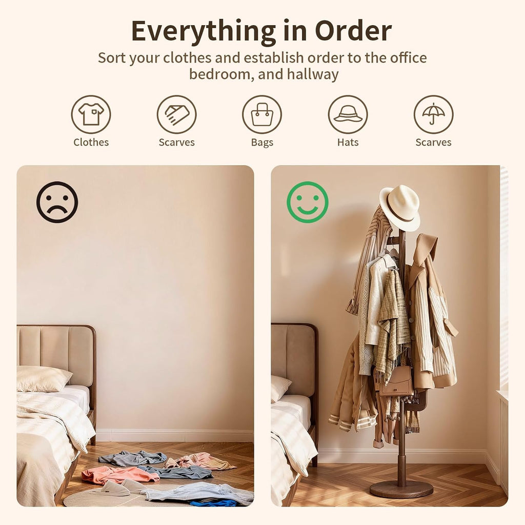 Coat Rack,Solid Wood Cactus Freestanding Coat RackWith 6 L-Shaped Hooks and 3 Adjustable Sizes,Coat Tree for Bedroom, Entryway, Livingroom, Coat Hanger Stand for Coats, Handbags (Walnut)