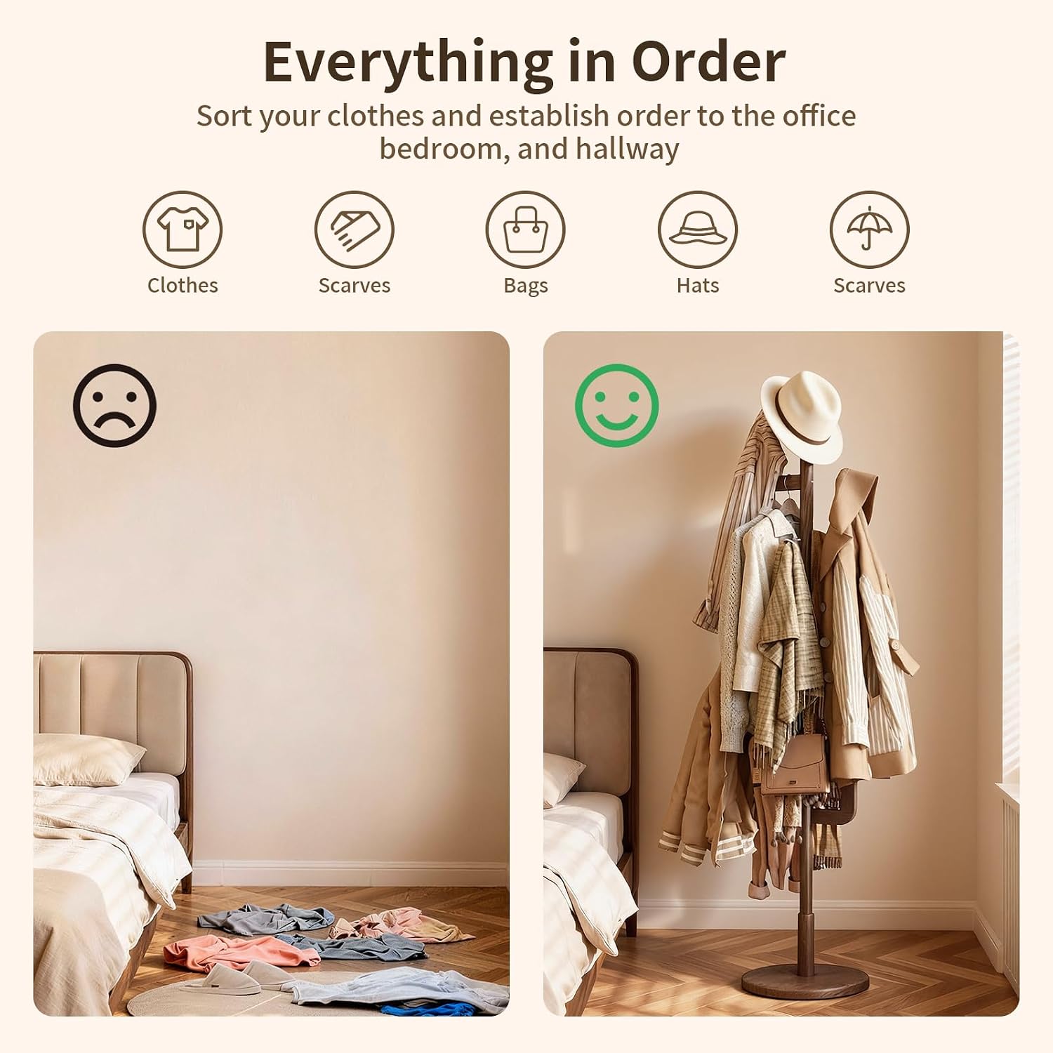 Coat Rack,Solid Wood Cactus Freestanding Coat RackWith 6 L-Shaped Hooks and 3 Adjustable Sizes,Coat Tree for Bedroom, Entryway, Livingroom, Coat Hanger Stand for Coats, Handbags (Walnut)