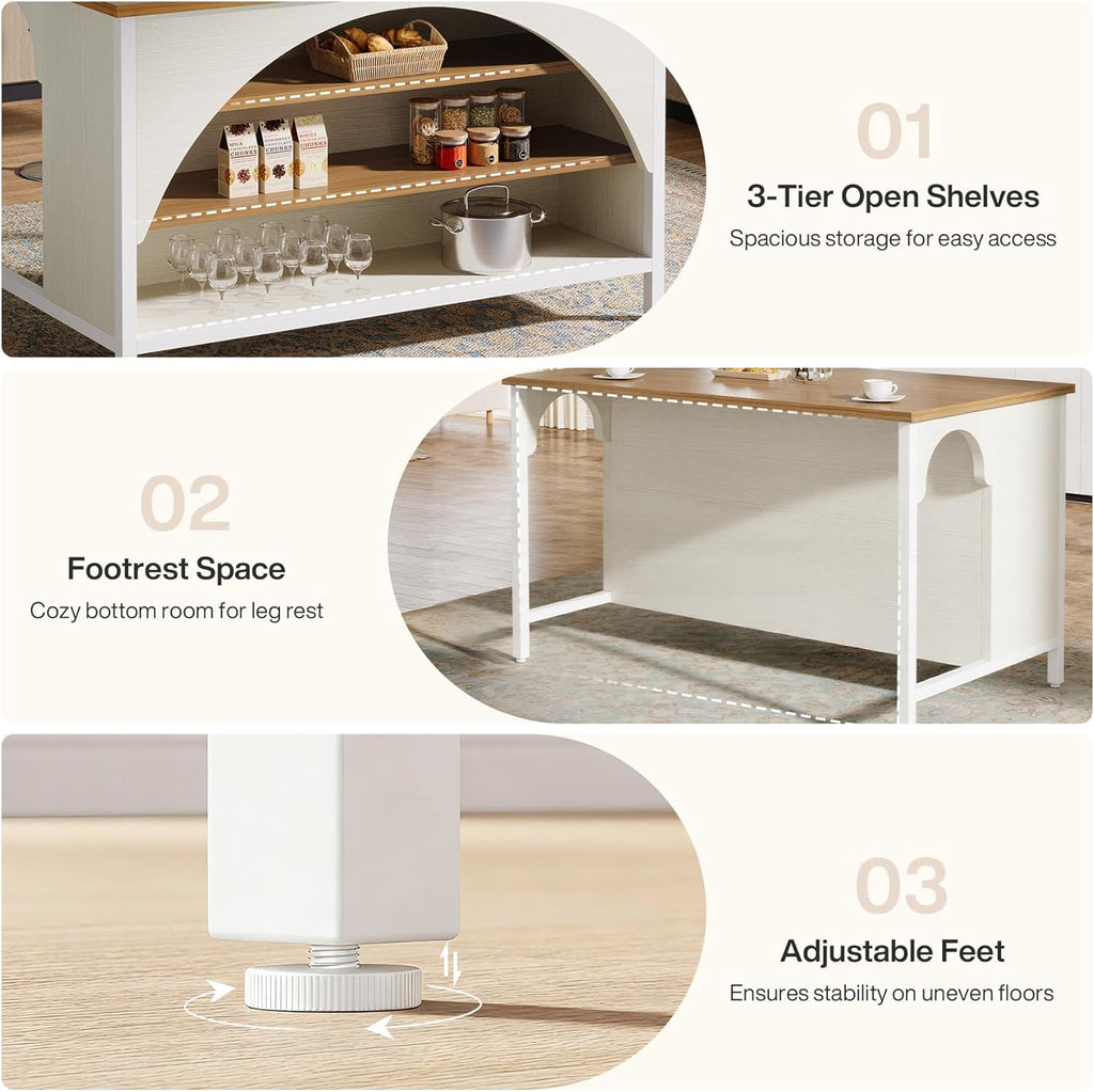 Tribesigns Kitchen Island with 3 Storage Shelves, 55" W Kitchen Shelf with Large Countertop and Seating Area, Modern Wooden Coffee Bar Table (White)