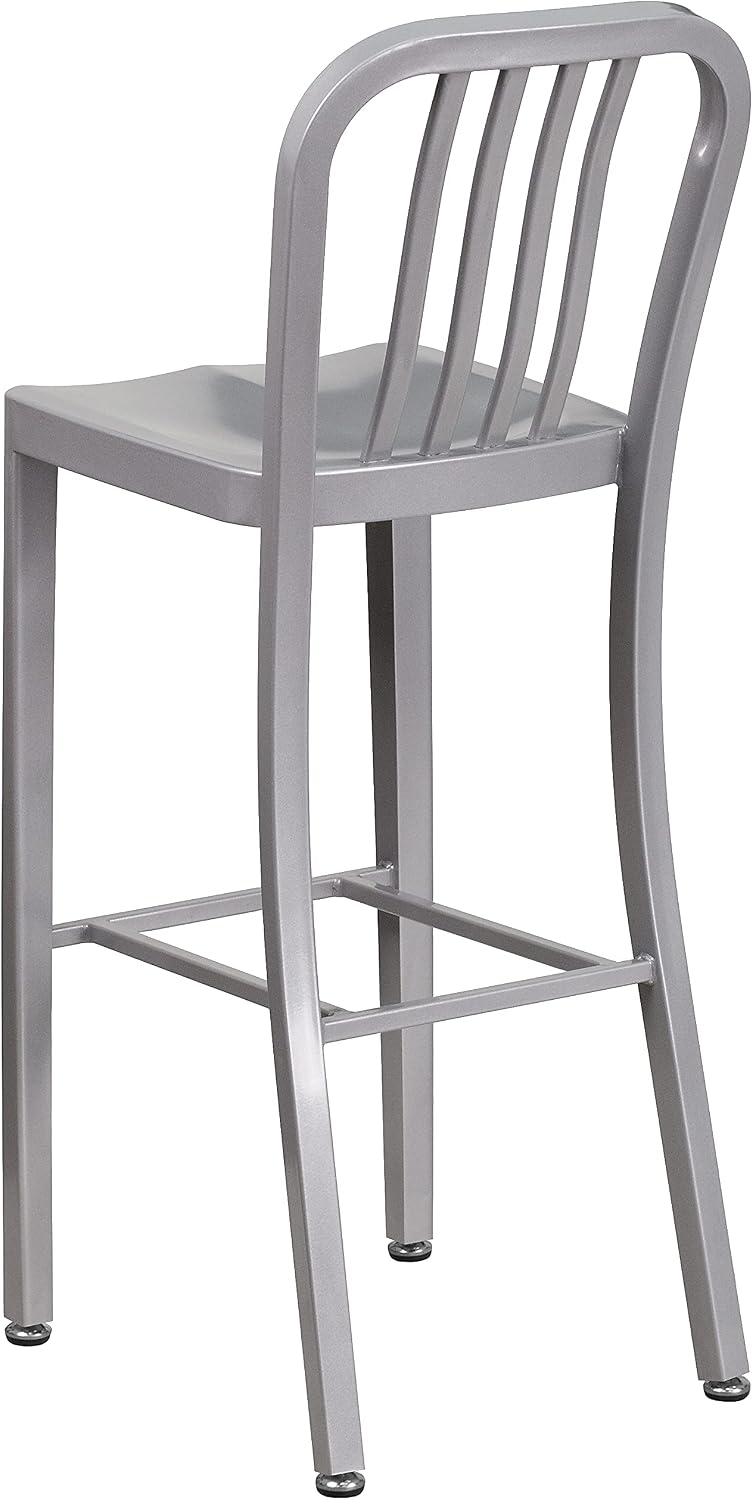 Flash Furniture Gael 30" Commercial Metal Barstools with Footrest, Vertical Slat Back Bar Height Stools for Restaurants and Kitchens, Set of 2, Silver