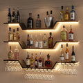 Wall Mounted Wine Rack with LED Lights, 3-Tier Floating Bar Shelves, Hanging Liquor & Wine Glass Rack for Home Bar, Cafe, Dining Room Decor (Black,31.5" W)