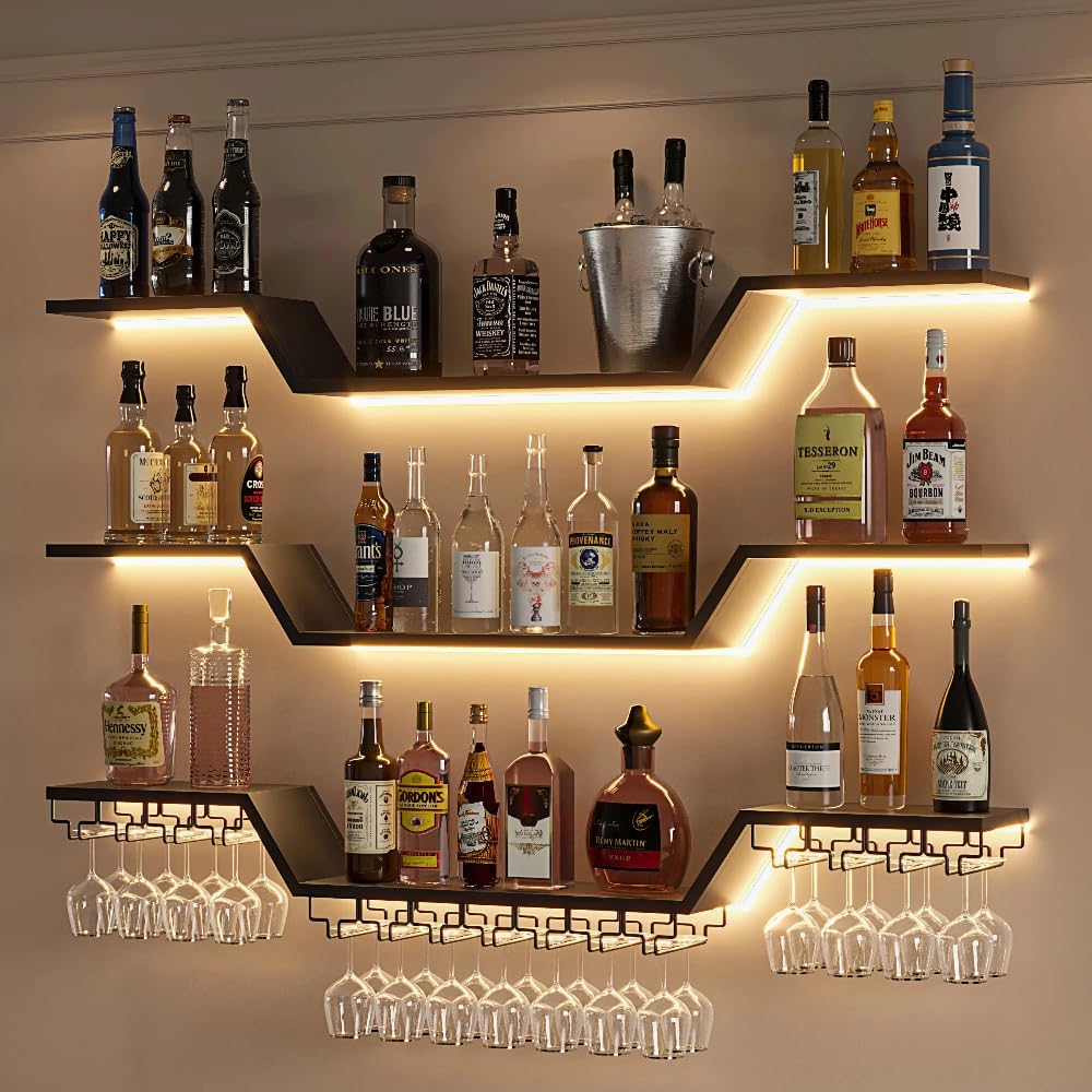 Wall Mounted Wine Rack with LED Lights, 3-Tier Floating Bar Shelves, Hanging Liquor & Wine Glass Rack for Home Bar, Cafe, Dining Room Decor (Black,31.5" W)