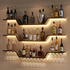 Wall Mounted Wine Rack with LED Lights, 3-Tier Floating Bar Shelves, Hanging Liquor & Wine Glass Rack for Home Bar, Cafe, Dining Room Decor (Black, 39.4" W)