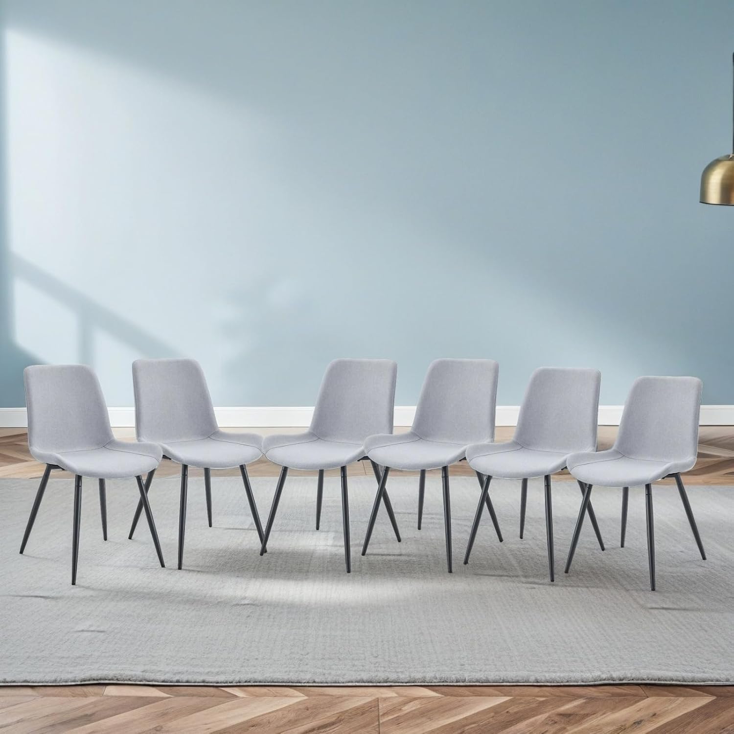 Modern Dining Chairs Set of 6, Linen-Cotton Upholstered Kitchen Chairs with Rounded Backrest, Ergonomic Integrated Seat with Adjustable Feet & Metal Legs for Dining Room, Office, Light Grey