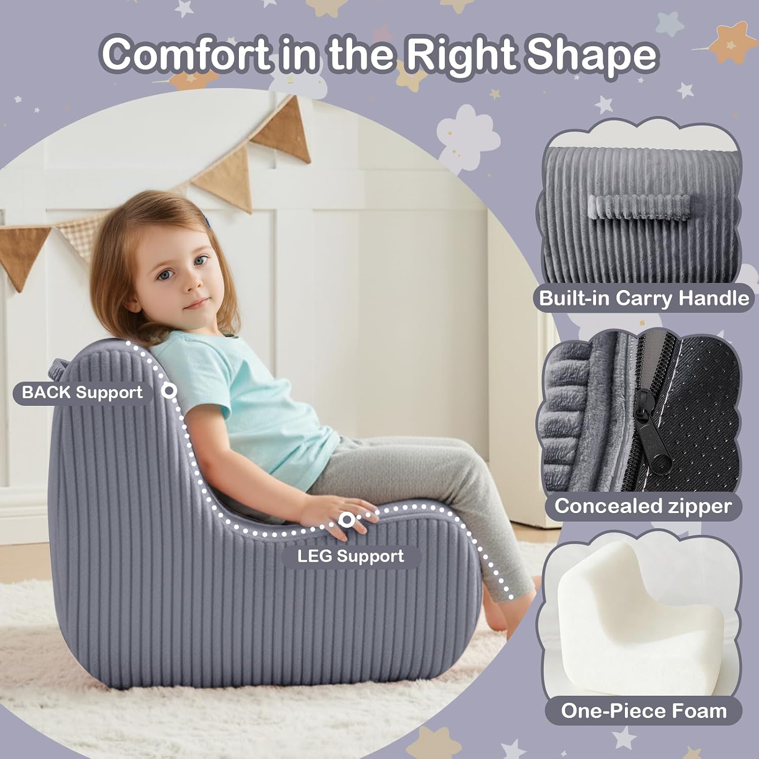 DAICO Toddler Bean Bag Chair Grey Kids Reading Sofa Couch 1-3 Years Old | Toddler Plush Lounge chair with Handle for Playroom & Bedroom, Toddler Foam Couch with Washable Cover for Boys and Girls