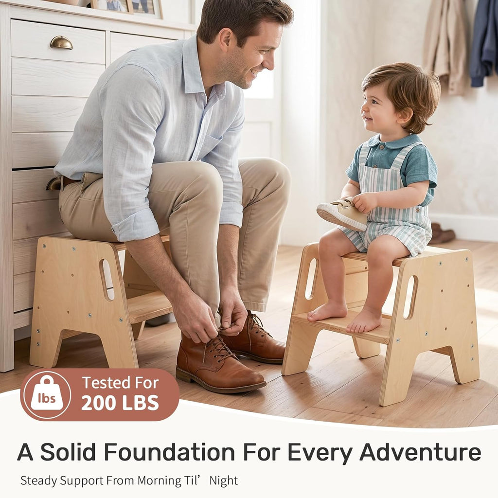 WINGYZ Toddler Step Stool, 3-Height Adjustable Wooden Stool for Kids, FSC & ASTM Birch Marine Plywood, 200lb Capacity, Bathroom Sink Independence, Kitchen Potty Training, Natural Wood