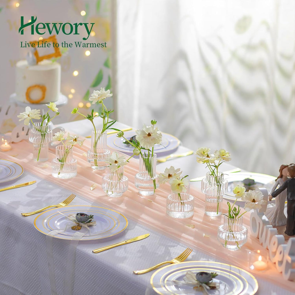 Hewory Ribbed Bud Vases for Centerpieces: Set of 16 Small Clear Glass Vase for Bridal Baby Shower Home Decor - Modern Table Decoration for Wedding & Event Planners