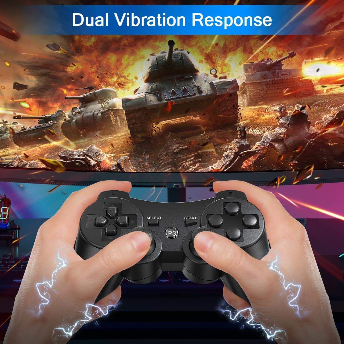 Yinjie 2 Pack Wireless Controller for PS3, Compatible with Playstation 3, with 2 Charging Cables (black)