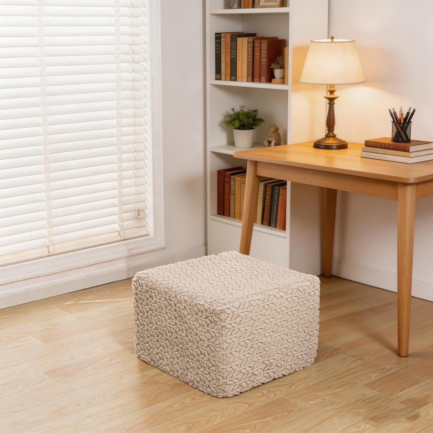Square Stuffed Pouf Ottoman Poufs with One-Piece Seamless Foam Filling, Furry and Fluffy Pouf Foot Stool, 20 X 14 Floor Poufs Ottoman Foot Rest for Living Room (Light Coffee)