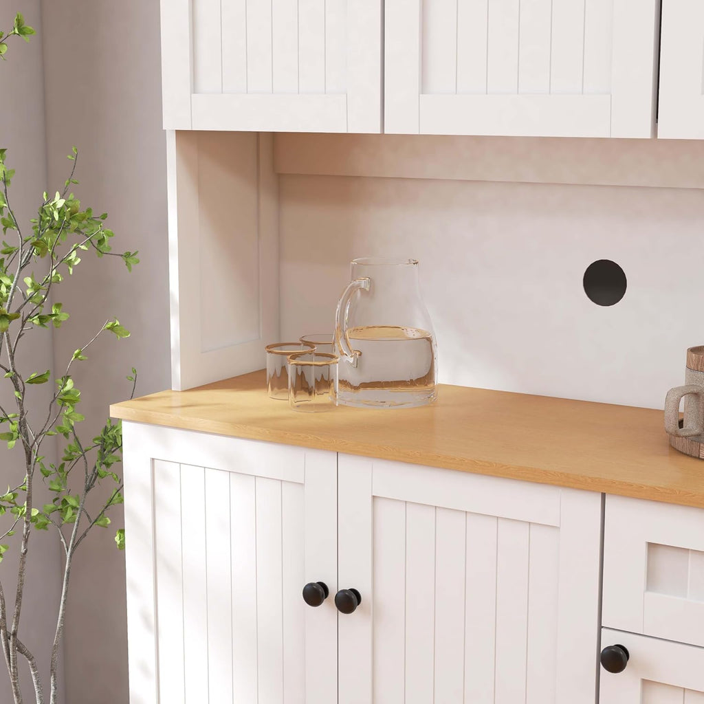 71" Freestanding Pantry Cabinet with Doors, Kitchen Pantry Cabinets with Microwave Shelf & Countertop, Kitchen Hutch Storage Cabinet with Drawers for Diningroom, Easy Assembly (White + MDF)