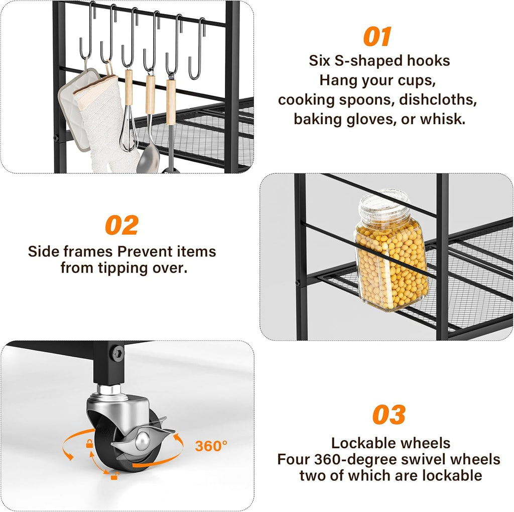 Abiglifty 3-Tier Rolling Kitchen Cart, Microwave Cart with Lockable Wheels, Kitchen Utility Cart, Mobile Microwave Stand with Storage for Living Room, Office, Balcony, Bathroom, Black