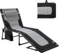 TLSUNNY Padded Folding Lounge Chair, Portable Reclining Chair with Pillow & Side Pocket, Outdoor 5-Position Adjustable Chaise Lounger with Carrying Handle, for Beach, Pool, Sunbathing (Black & Gray)