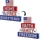4th of July Decorations Table Sign Wood Patriotic Decorations Double-Sided Printed 4 Pcs, Independence Day Table Decorations Memorial Day Americana Tiered Tray Decor Rustic Farmhouse Block Sign Veterans Day for Party Home Desk