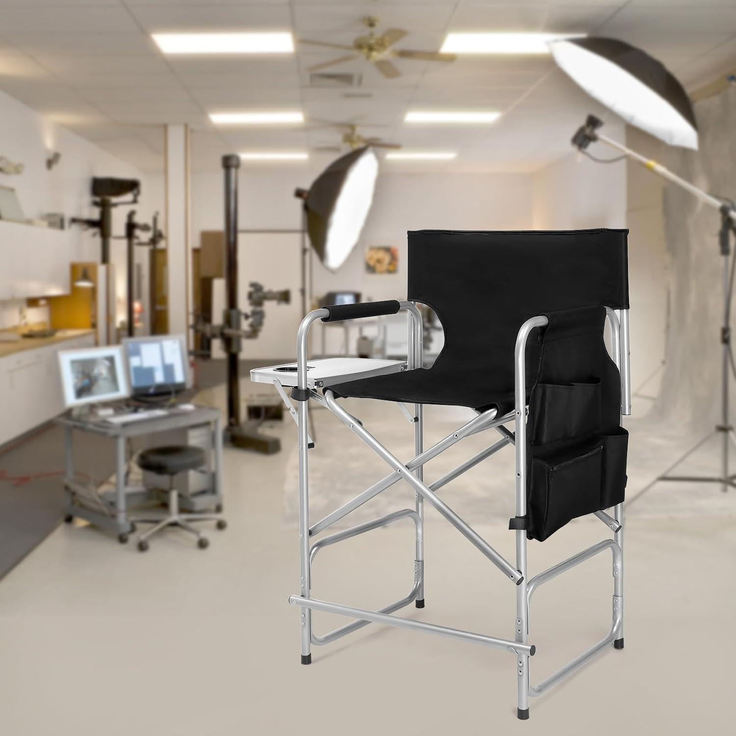 mefeir 26" Tall Folding Directors Chair with Side Table,Portable Makeup Artist Bar Height, Steel Frame 300 lbs Capacity, 19.2" D x 23.6" W x 40.5" H