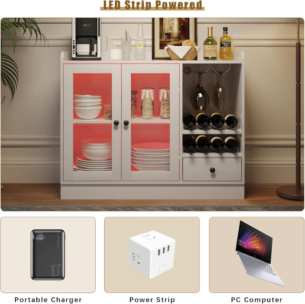 HedoAjim Wine Bar Cabinet with Tempered Acrylic Door & Rack, Freestanding Buffet Sideboard with Glass Holder, Coffee Bar Cabinet for Home Kitchen Living Dining Room, Drawers, Large, LED Lights(White)