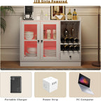 HedoAjim Wine Bar Cabinet with Tempered Acrylic Door & Rack, Freestanding Buffet Sideboard with Glass Holder, Coffee Bar Cabinet for Home Kitchen Living Dining Room, Drawers, Large, LED Lights(White)