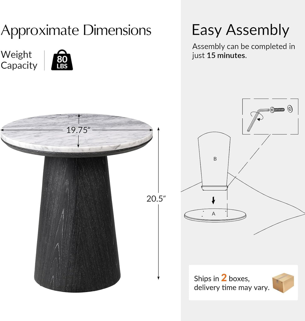 HULALA HOME Modern End Table, 19.75" Round Side Table with Genuine Marble Top and Solid Wood Cone Base, Minimalist Accent Table for Living Room, Bedroom, Small Spaces, Black