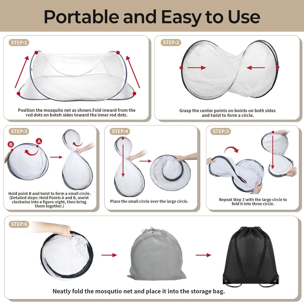 2 Pcs Black Pop Up Mosquito Net for Bed with Drawstring Bag Mosquito Head Net, 78 x 31 x 22 Inch Portable Foldable Mosquito Tent with Double Zipper, Mesh Bed Net for Camping Travel