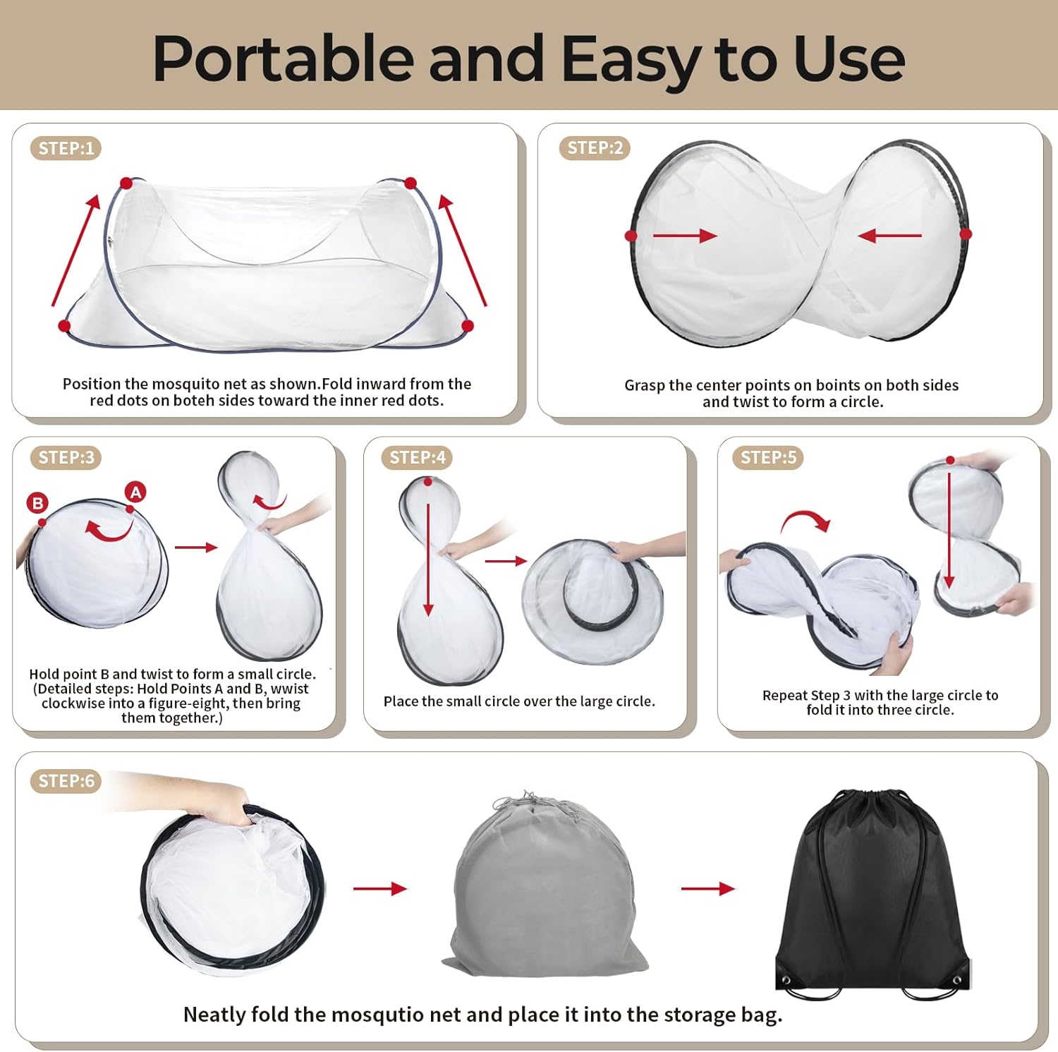 2 Pcs Black Pop Up Mosquito Net for Bed with Drawstring Bag Mosquito Head Net, 78 x 31 x 22 Inch Portable Foldable Mosquito Tent with Double Zipper, Mesh Bed Net for Camping Travel