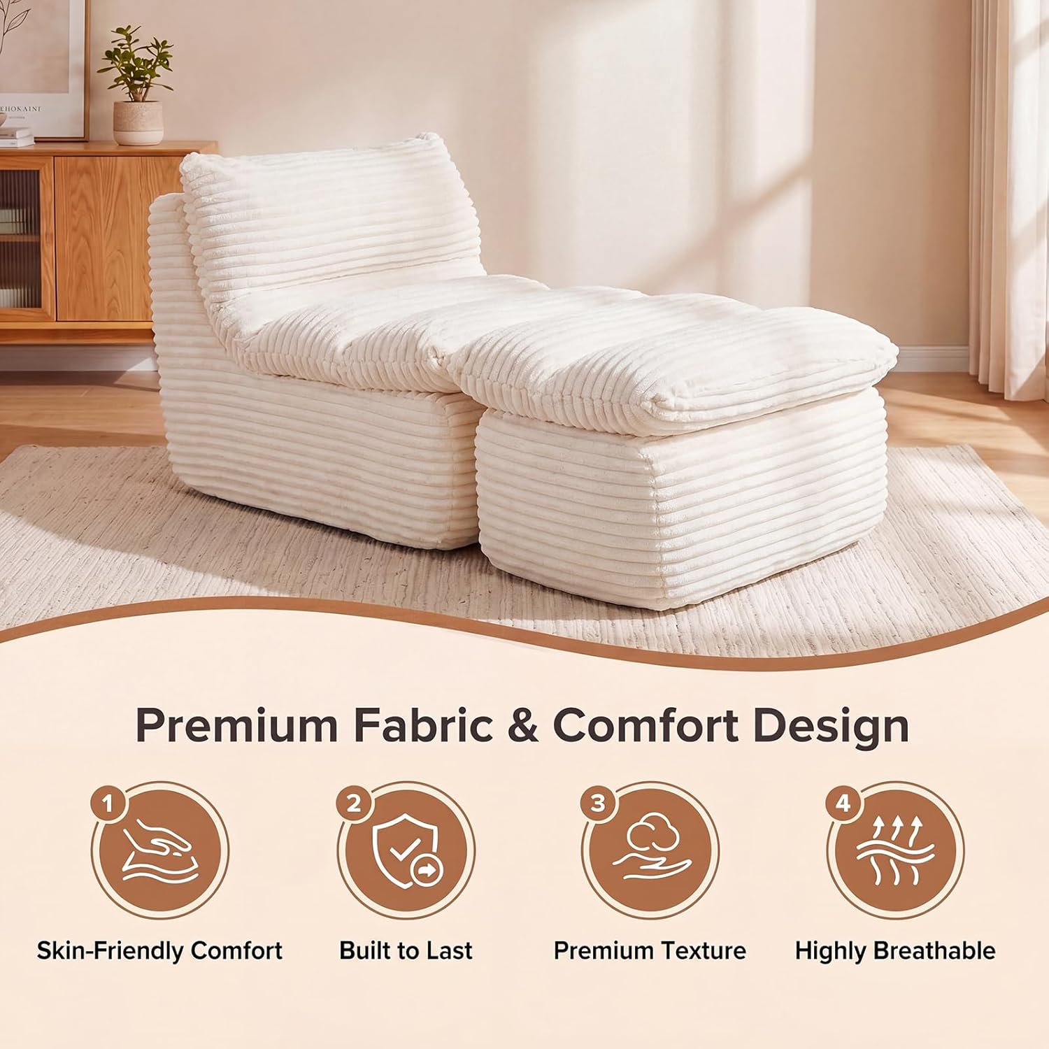 Boneless Chaise Lounge Chair, Faux Fur Ergonomic Chair with Ottoman, High Density Memory Foam No Assembly Lazy Sofa, Indoor Leisure Couch for Living Room Bedroom Office Apartment