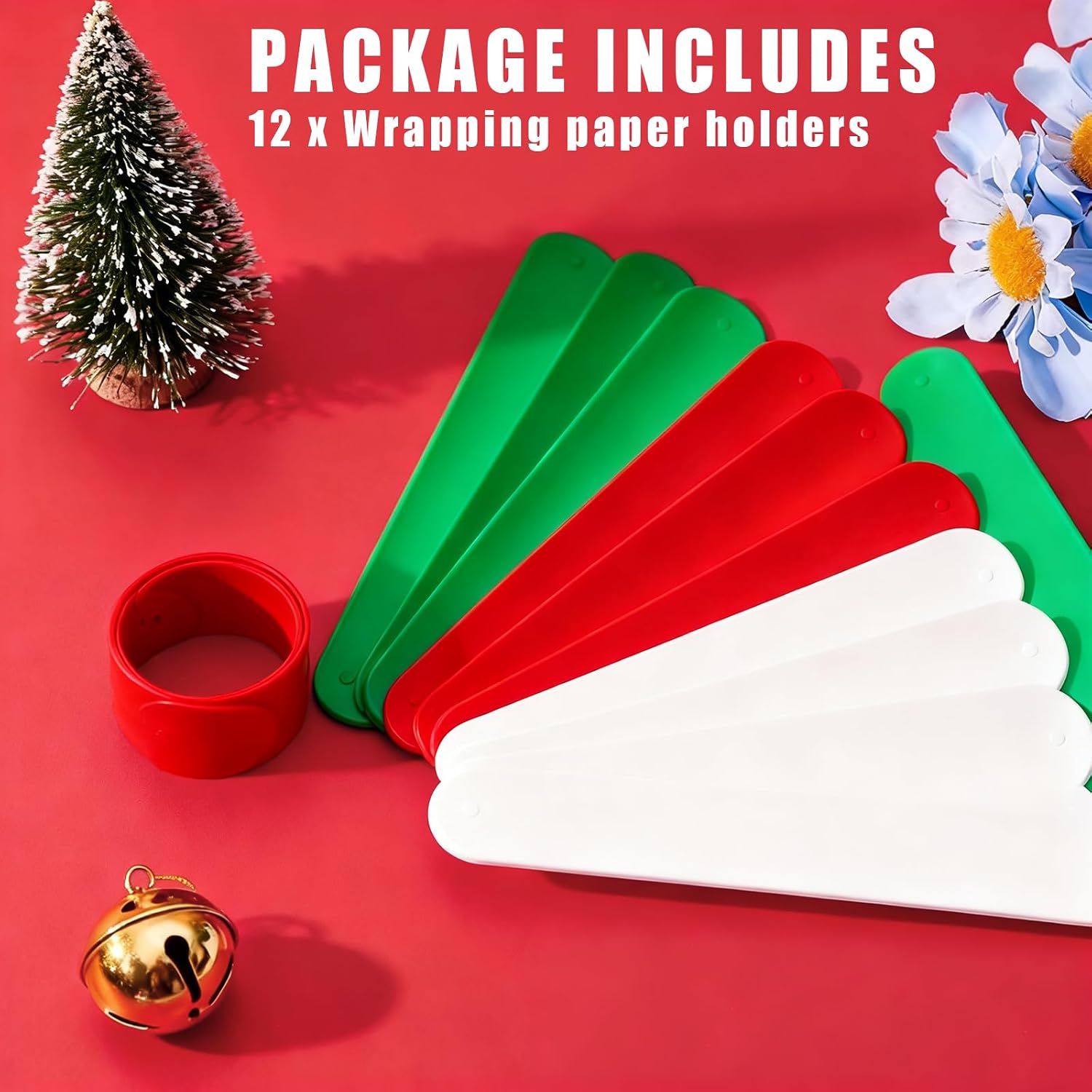 12 Pieces Wrapping Paper Roll Holder Holiday Flip Wrap Silicone Covered Metal Strips 1'' X 9'' Wrapping Paper Clamps Used for The Vinyl Storage Organization of Sea Newspapers（White Red Green）