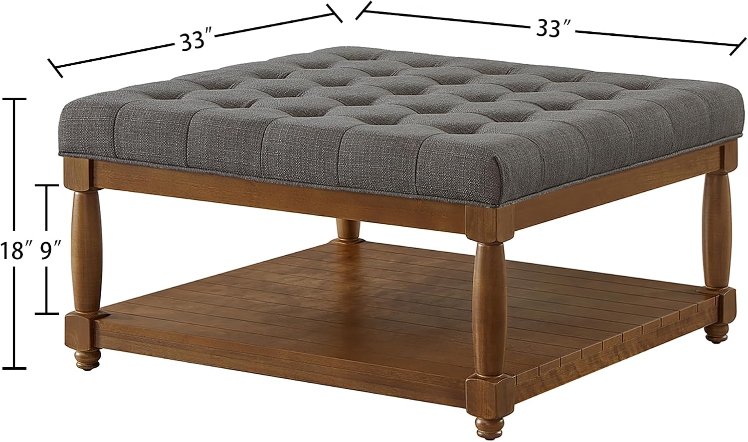 24KF Upholstered Square Coffee Table with Wooden Shelf, Tufted Button Large Square Ottoman with Spindle Wooden Legs, Linen Large Footrest Ottoman Pouf for Living Room, 5097-Granite
