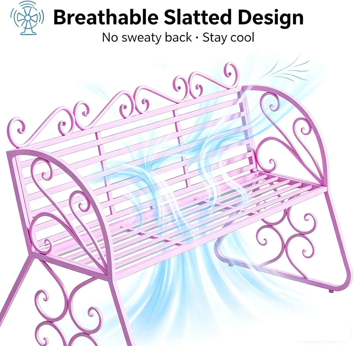 Outdoor Garden Bench with Curved Armrests, 440lbs Load Capacity Waterproof Iron Seating, Ideal for Courtyard Park and Porch(Pink)