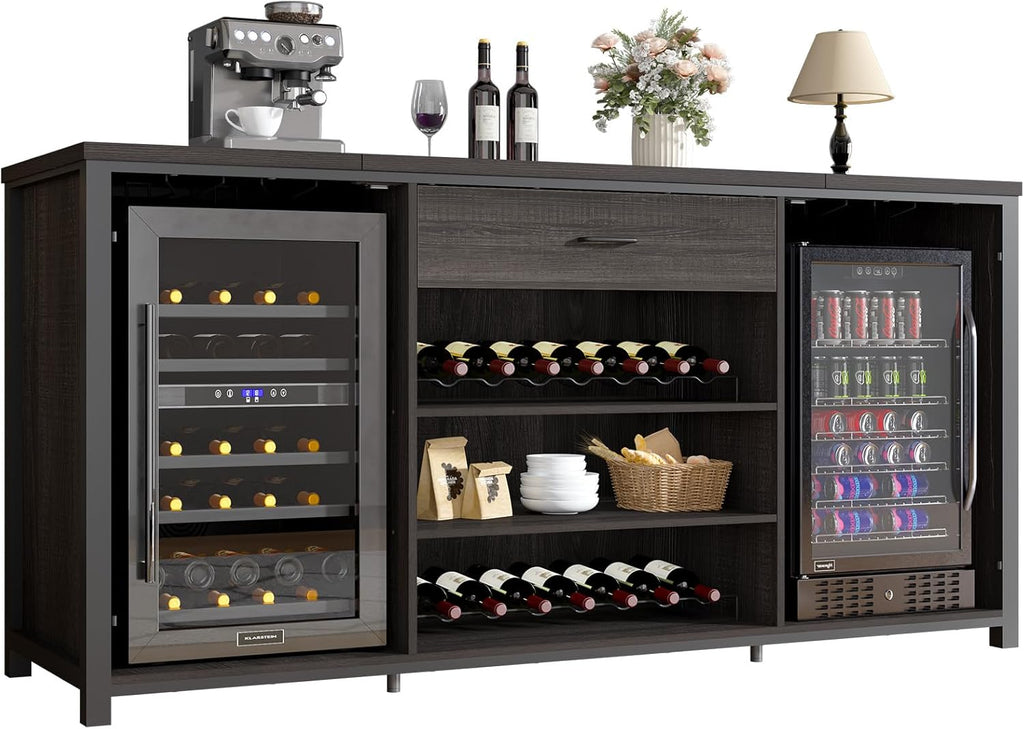 LVB Long Bar Cabinet with Fridge Space, Farmhouse Big Liquor Cabinet with Drawer Storage, Rustic Wood Metal Large Wine Cabinet with Rack, Modern Sideboard Buffet for Kitchen Dining Room, Gray, 70 Inch